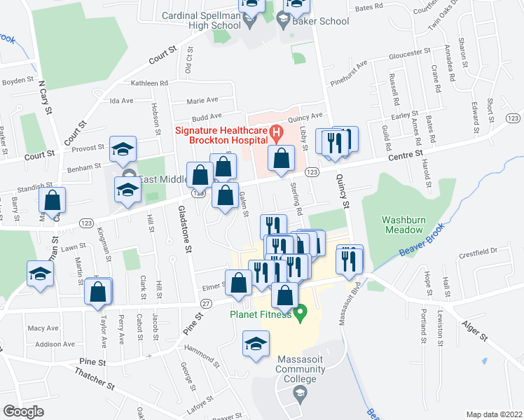 map of restaurants, bars, coffee shops, grocery stores, and more near 146 Brockton Avenue in Brockton