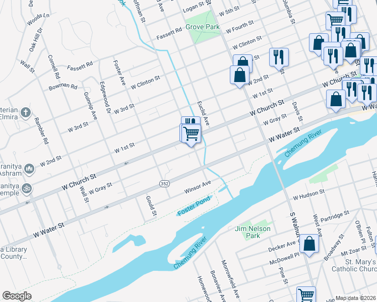 map of restaurants, bars, coffee shops, grocery stores, and more near 103 Hoffman Street in Elmira