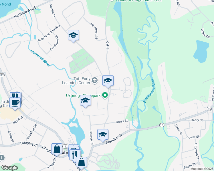 map of restaurants, bars, coffee shops, grocery stores, and more near 16 Granite Street in Uxbridge