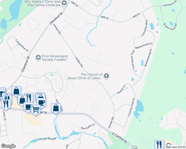 map of restaurants, bars, coffee shops, grocery stores, and more near 18 Dutchess Road in Franklin