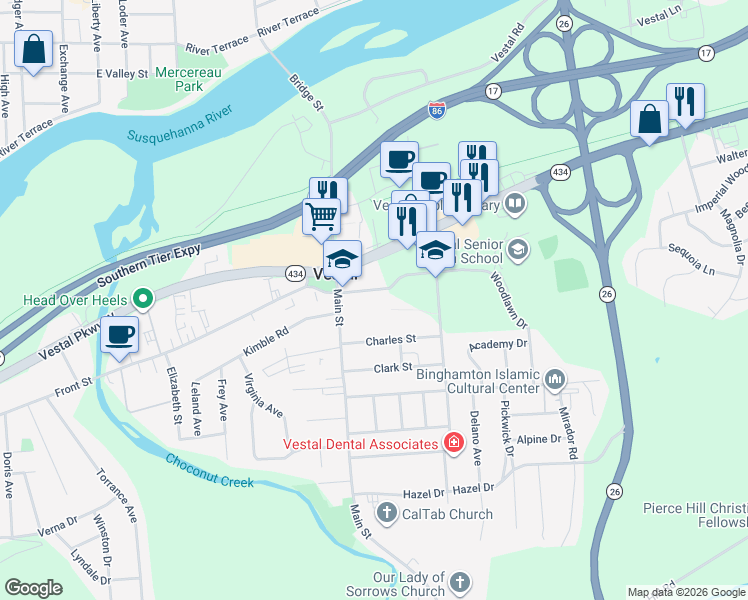 map of restaurants, bars, coffee shops, grocery stores, and more near 201 Main Street in Vestal