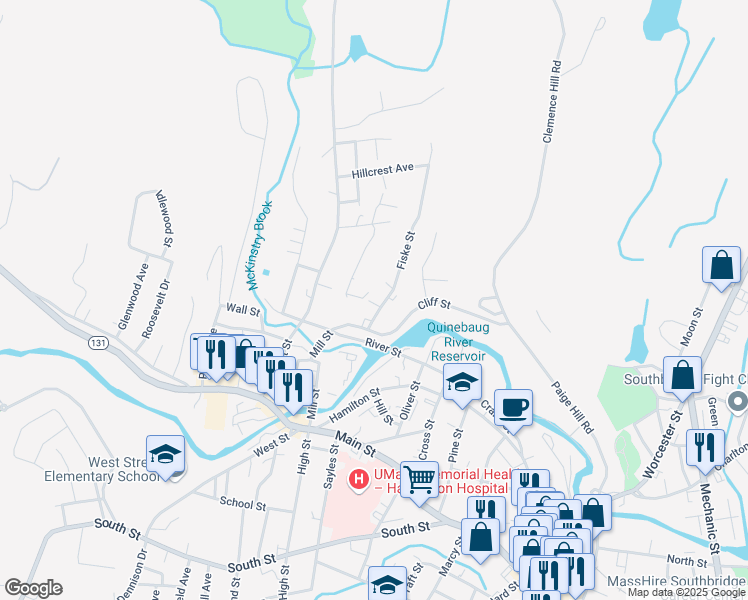 map of restaurants, bars, coffee shops, grocery stores, and more near 12 Randall Street in Southbridge