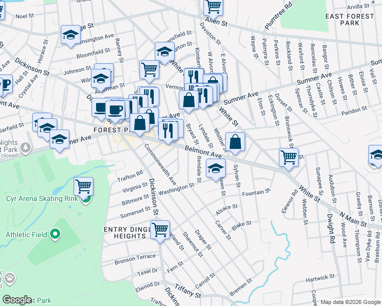 map of restaurants, bars, coffee shops, grocery stores, and more near 726 Belmont Avenue in Springfield