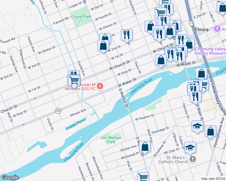 map of restaurants, bars, coffee shops, grocery stores, and more near 104 Walnut Street in Elmira
