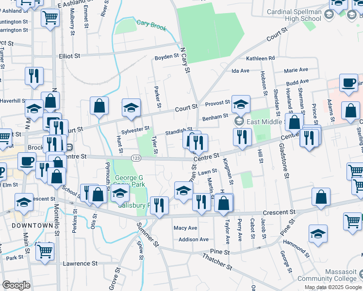map of restaurants, bars, coffee shops, grocery stores, and more near 39 Mason Street in Brockton