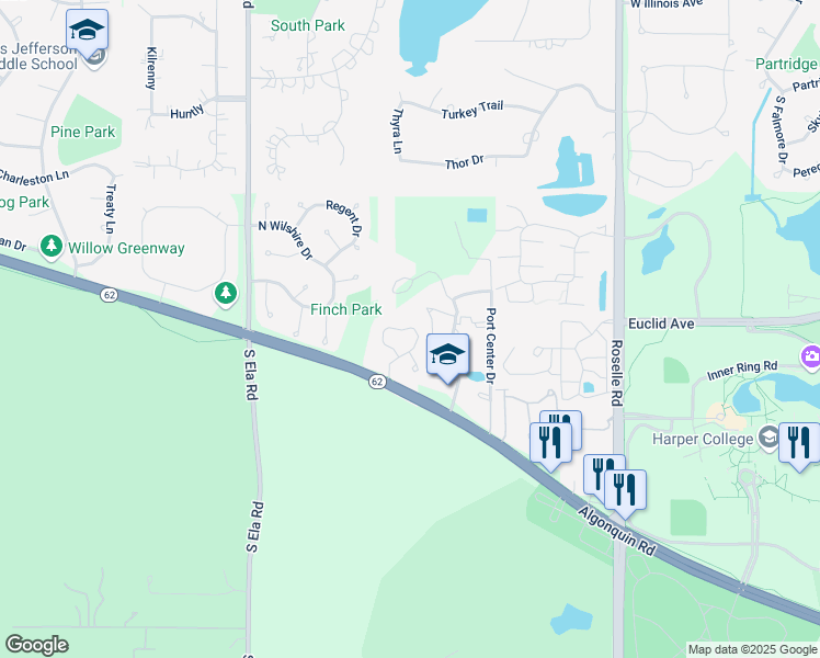 map of restaurants, bars, coffee shops, grocery stores, and more near 1620 Community Circle in Palatine