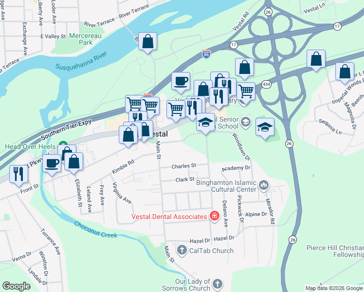 map of restaurants, bars, coffee shops, grocery stores, and more near 201 Main Street in Vestal