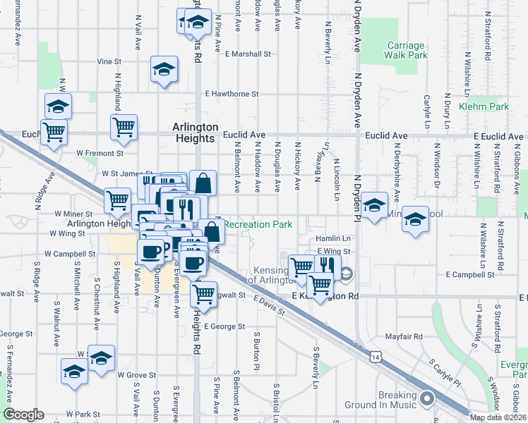 map of restaurants, bars, coffee shops, grocery stores, and more near 215 North Haddow Avenue in Arlington Heights