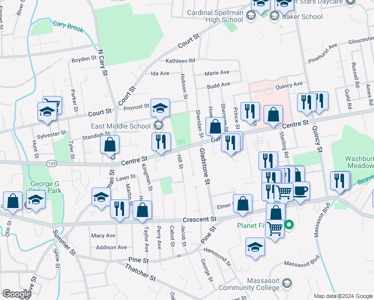 map of restaurants, bars, coffee shops, grocery stores, and more near 530 Centre Street in Brockton