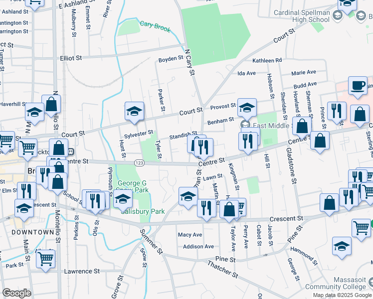 map of restaurants, bars, coffee shops, grocery stores, and more near 39 Mason Street in Brockton