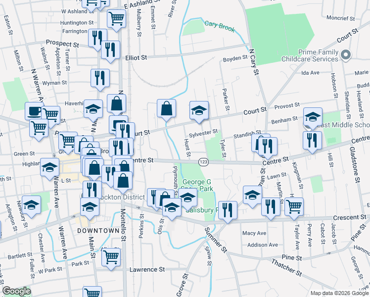 map of restaurants, bars, coffee shops, grocery stores, and more near 26 Hunt Street in Brockton