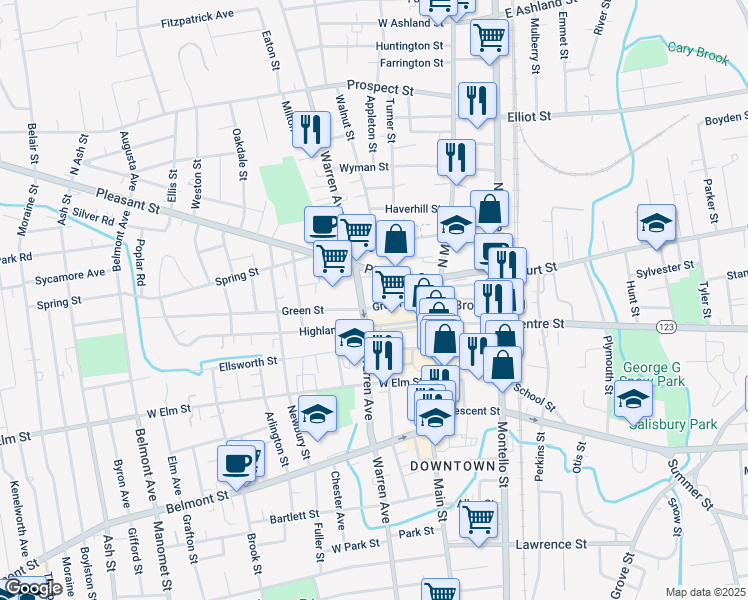 map of restaurants, bars, coffee shops, grocery stores, and more near 74 Pleasant Street in Brockton