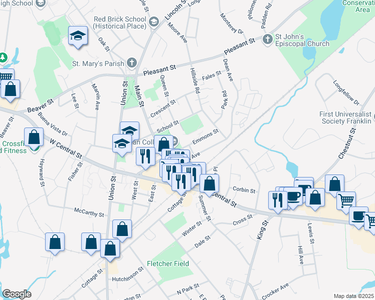 map of restaurants, bars, coffee shops, grocery stores, and more near 35 Emmons Street in Franklin