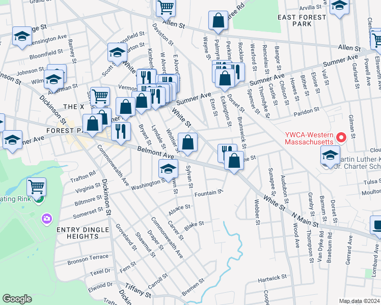 map of restaurants, bars, coffee shops, grocery stores, and more near 20 Longfellow Terrace in Springfield