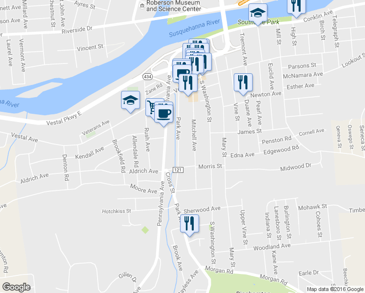 map of restaurants, bars, coffee shops, grocery stores, and more near 41 Park Avenue in Binghamton