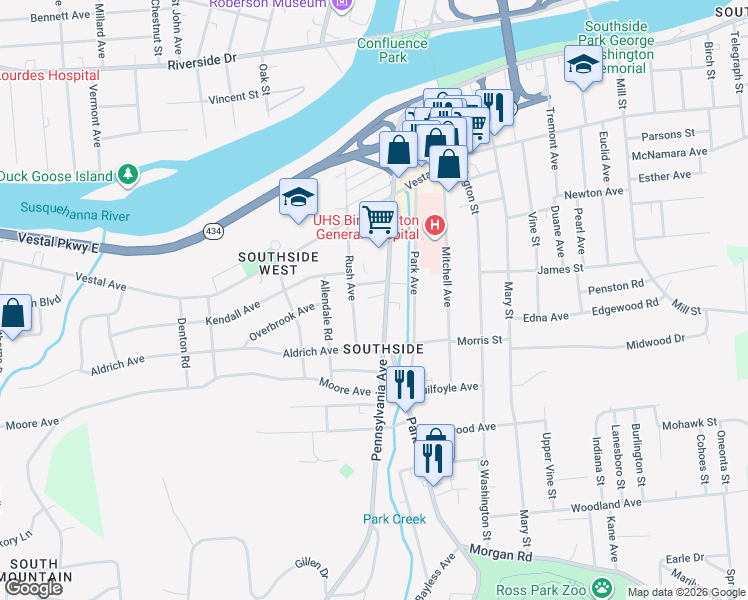 map of restaurants, bars, coffee shops, grocery stores, and more near 73 Pennsylvania Avenue in Binghamton