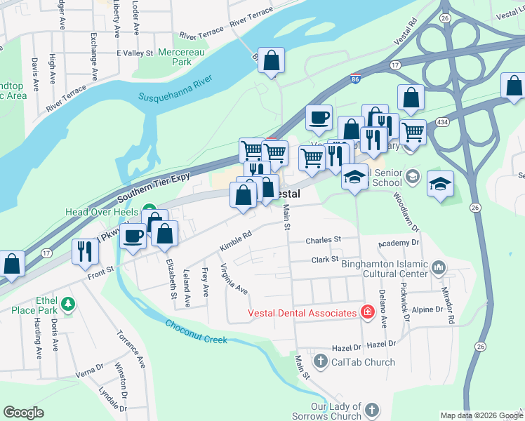 map of restaurants, bars, coffee shops, grocery stores, and more near in Vestal