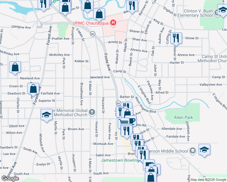 map of restaurants, bars, coffee shops, grocery stores, and more near 16 Camp Street in Jamestown