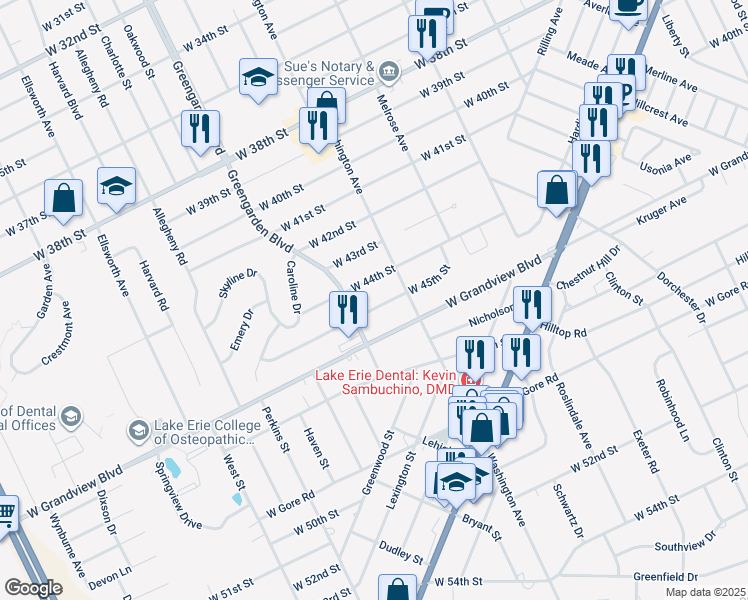 map of restaurants, bars, coffee shops, grocery stores, and more near 1523-1529 West 44th Street in Erie