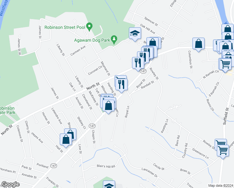 map of restaurants, bars, coffee shops, grocery stores, and more near 438 Springfield Street in Agawam