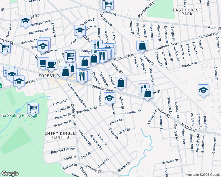 map of restaurants, bars, coffee shops, grocery stores, and more near 785 Belmont Avenue in Springfield