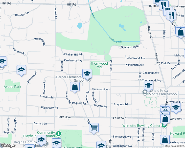 map of restaurants, bars, coffee shops, grocery stores, and more near 2400 Thornwood Avenue in Wilmette