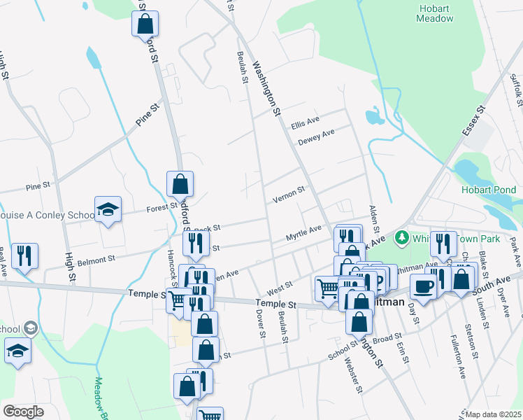 map of restaurants, bars, coffee shops, grocery stores, and more near 297 Beulah Street in Whitman