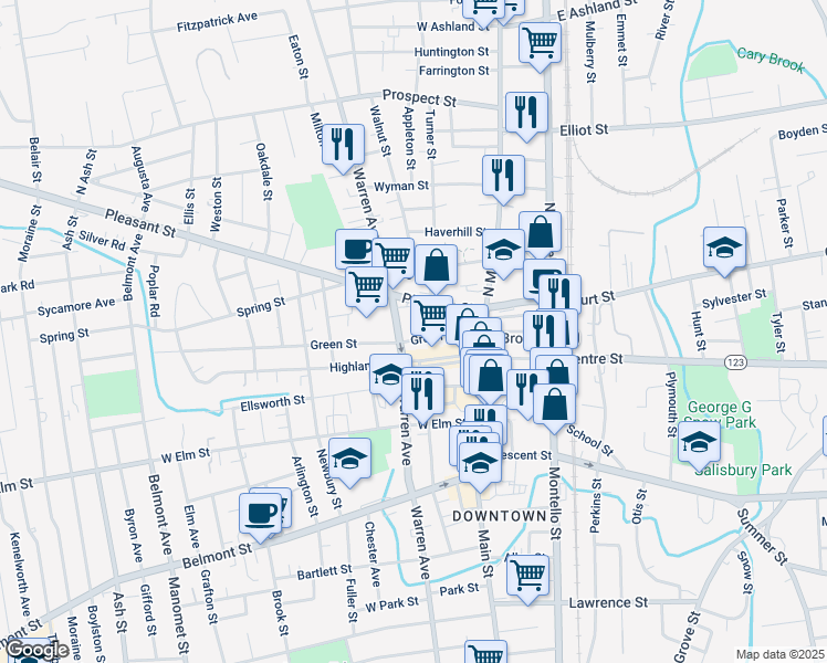 map of restaurants, bars, coffee shops, grocery stores, and more near 109 Green Street in Brockton