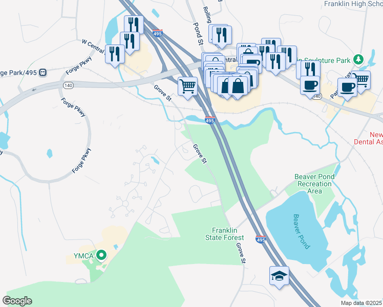 map of restaurants, bars, coffee shops, grocery stores, and more near 4 Forge Hill Road in Franklin