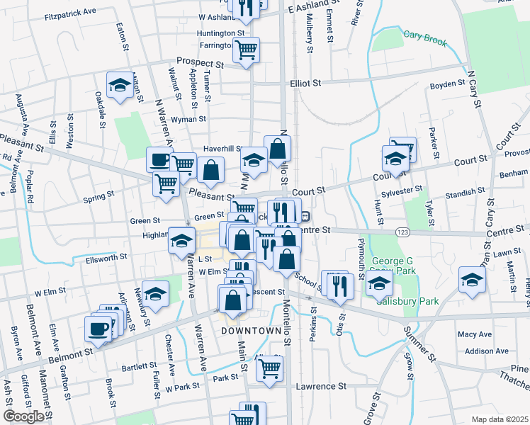 map of restaurants, bars, coffee shops, grocery stores, and more near 45 Petronelli Way in Brockton