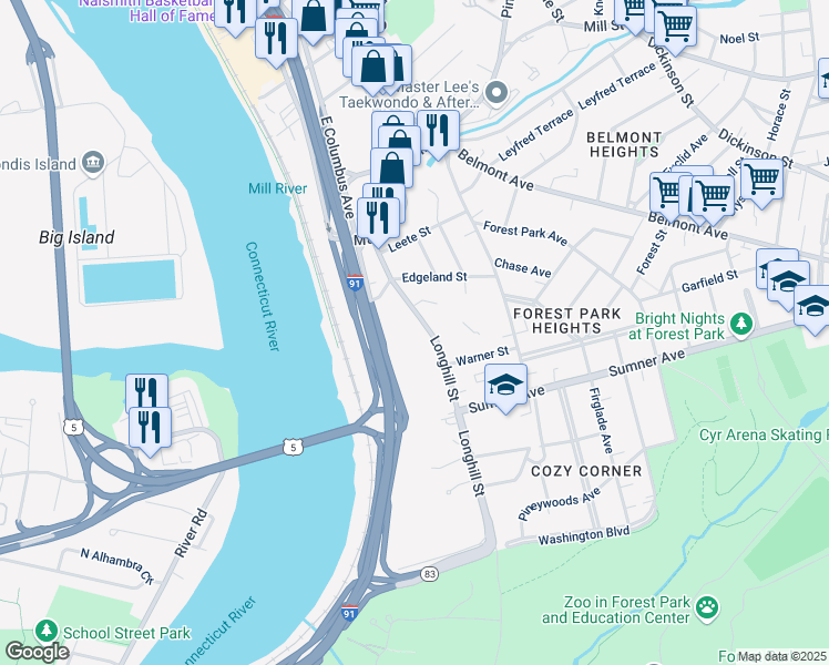 map of restaurants, bars, coffee shops, grocery stores, and more near 89 Longhill Street in Springfield
