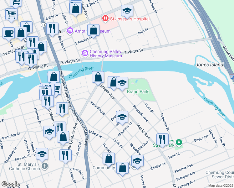 map of restaurants, bars, coffee shops, grocery stores, and more near 401 Maple Avenue in Elmira