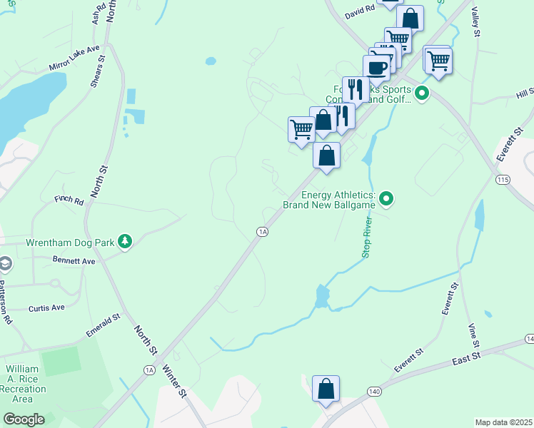 map of restaurants, bars, coffee shops, grocery stores, and more near 655 Dedham Street in Wrentham