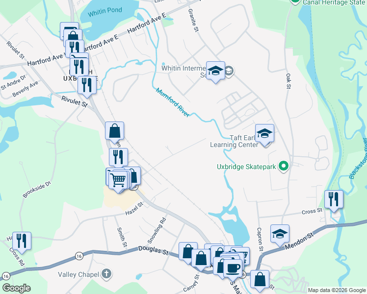 map of restaurants, bars, coffee shops, grocery stores, and more near 76 Homeward Avenue in Uxbridge