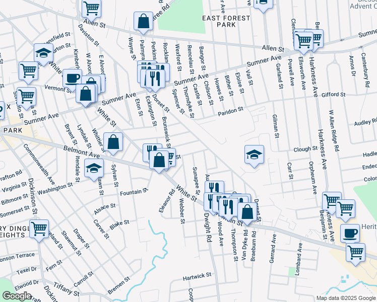 map of restaurants, bars, coffee shops, grocery stores, and more near 44 Blodgett Street in Springfield