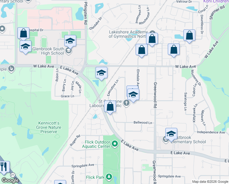 map of restaurants, bars, coffee shops, grocery stores, and more near 1635 Imperial Drive in Glenview
