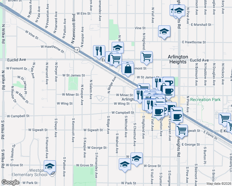 map of restaurants, bars, coffee shops, grocery stores, and more near 216 North Somerset Lane in Arlington Heights