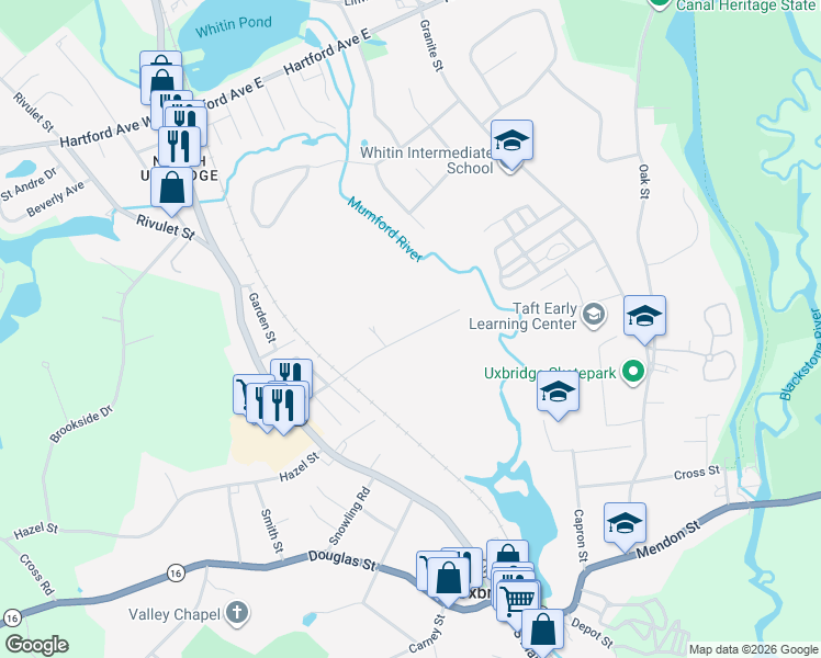 map of restaurants, bars, coffee shops, grocery stores, and more near 76 Homeward Avenue in Uxbridge