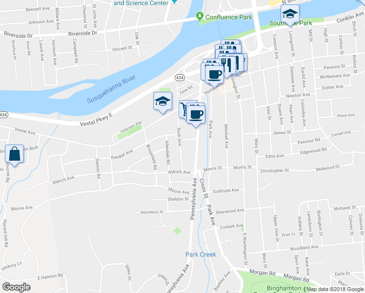 map of restaurants, bars, coffee shops, grocery stores, and more near 65 Rush Avenue in Binghamton