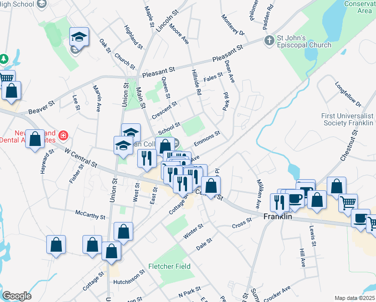 map of restaurants, bars, coffee shops, grocery stores, and more near 70 Emmons Street in Franklin