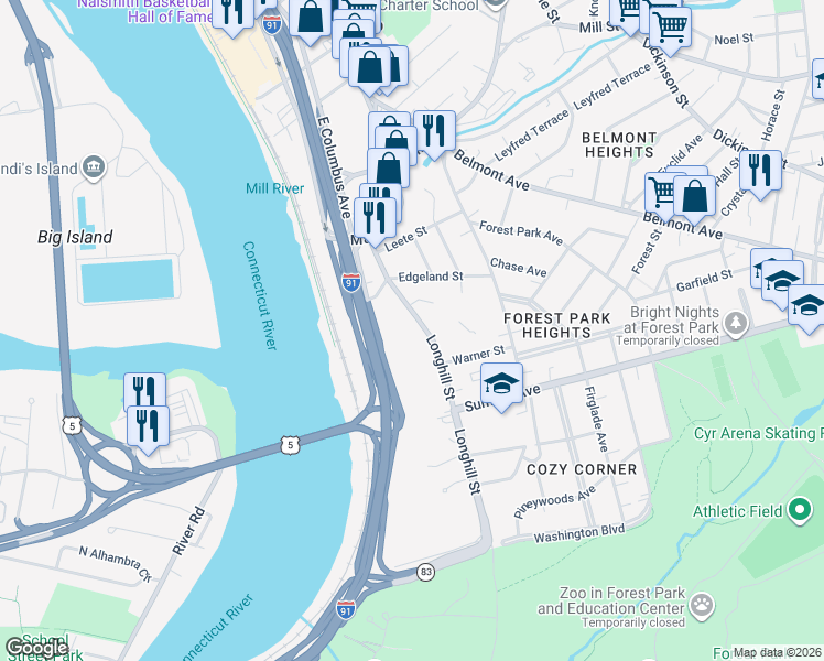 map of restaurants, bars, coffee shops, grocery stores, and more near 118 Longhill Street in Springfield