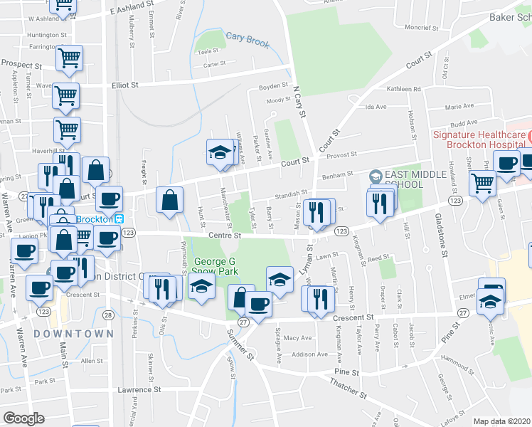 map of restaurants, bars, coffee shops, grocery stores, and more near 37 Standish Street in Brockton