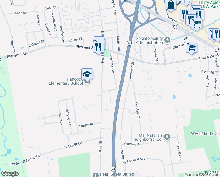 map of restaurants, bars, coffee shops, grocery stores, and more near 104 Pearl Street in Brockton