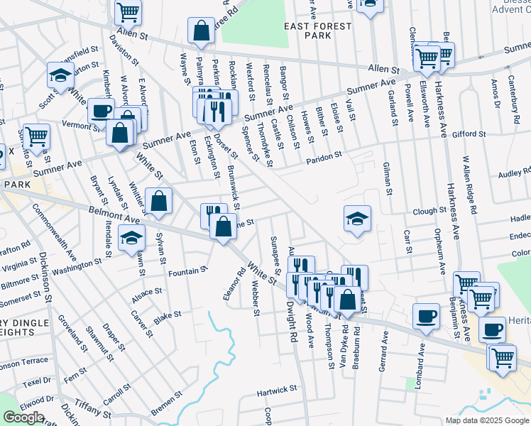 map of restaurants, bars, coffee shops, grocery stores, and more near 44 Blodgett Street in Springfield