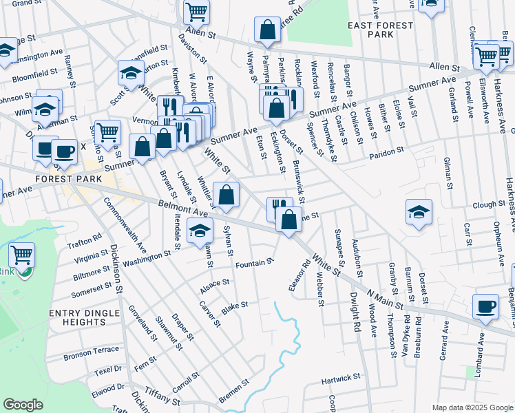 map of restaurants, bars, coffee shops, grocery stores, and more near 573 White Street in Springfield