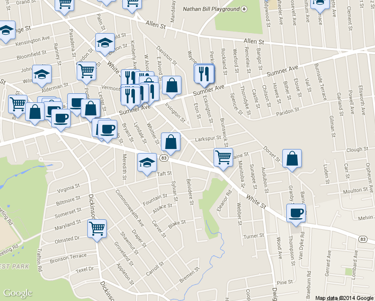 map of restaurants, bars, coffee shops, grocery stores, and more near 573 White Street in Springfield