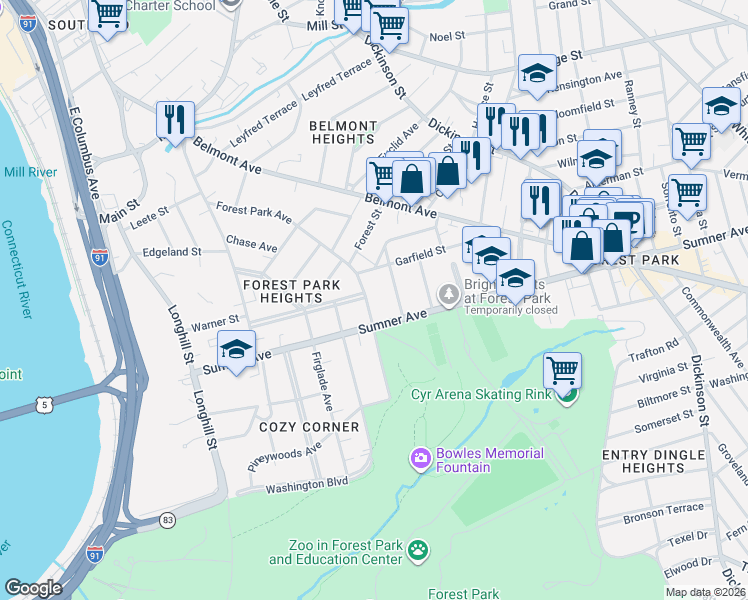 map of restaurants, bars, coffee shops, grocery stores, and more near 11 Garfield Street in Springfield