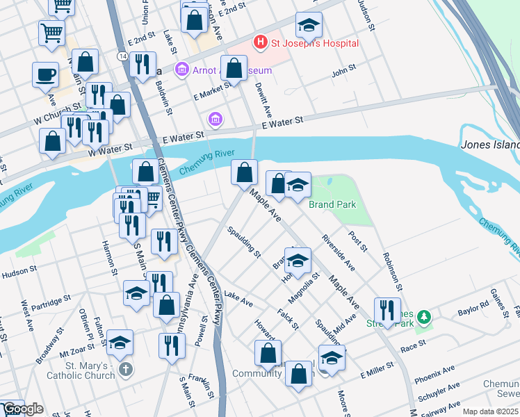 map of restaurants, bars, coffee shops, grocery stores, and more near 404 Catherine Street in Elmira