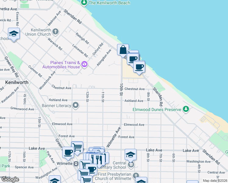 map of restaurants, bars, coffee shops, grocery stores, and more near 1010 Chestnut Avenue in Wilmette