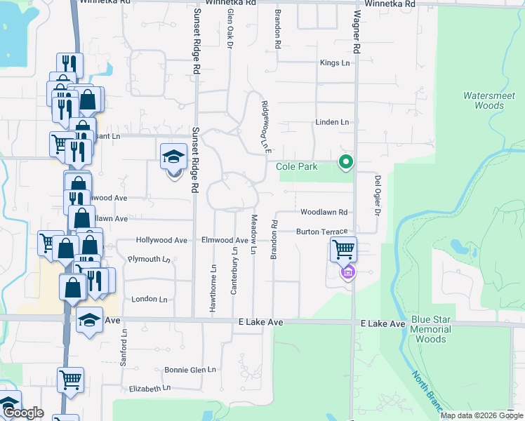 map of restaurants, bars, coffee shops, grocery stores, and more near 1721 Ridgewood Lane East in Glenview